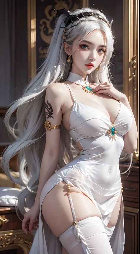 Photorealistic, high resolution, 1 woman, Hips up, Beautiful eyes, Long hair, ringed eyes, jewelry, tattoo, goldendragon hairstyle, outfit-goldendragon, white hair, china dress