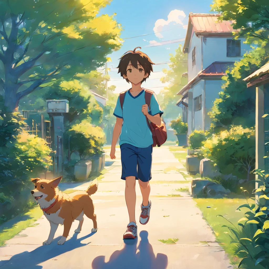 Cool boy holding a soccer ball　Cute  is walking puppy　There is a house nearby and a car is parked in front of it.　There are trees in the garden　Sun in the sky　High Quality　Luminescence