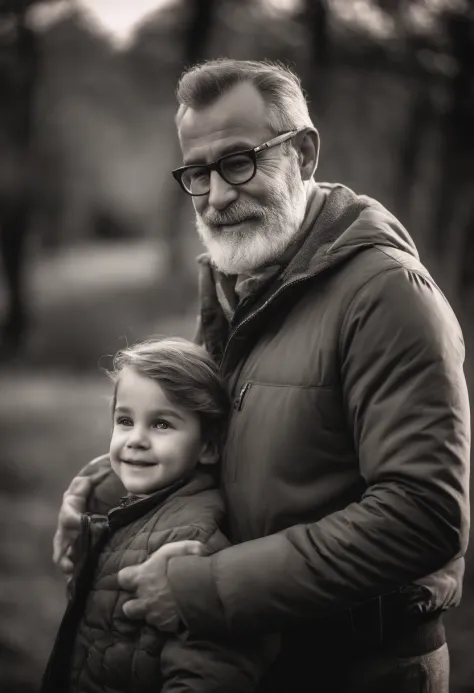 portrait of a father, beautiful detailed eyes, handsome face, warm smile, loving expression, stylish haircut, well-groomed beard, fatherly emotions, proud and confident stance, natural lighting, black and white photography, fine art, high contrast, sharp f...