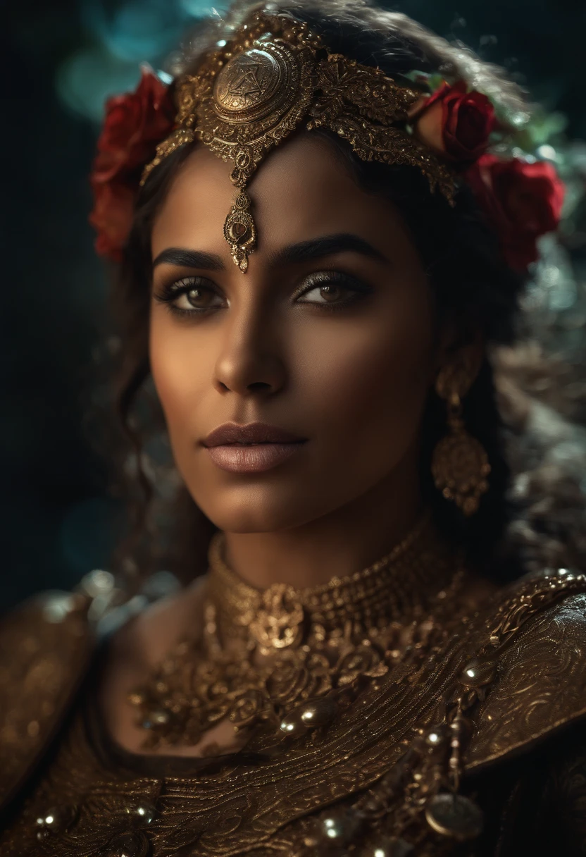 fantasy image, intricately detailed photograph of a druid hindi woman wearing druid armor, ((glowy eyes)), ((ethereal glow of magic spells)) shiny metal pieces, holographic glow, light particles, roses, hyperdetailed skin, defiant gaze shot on dslr camera, shot by MSchiffer, 32k resolution, best quality,