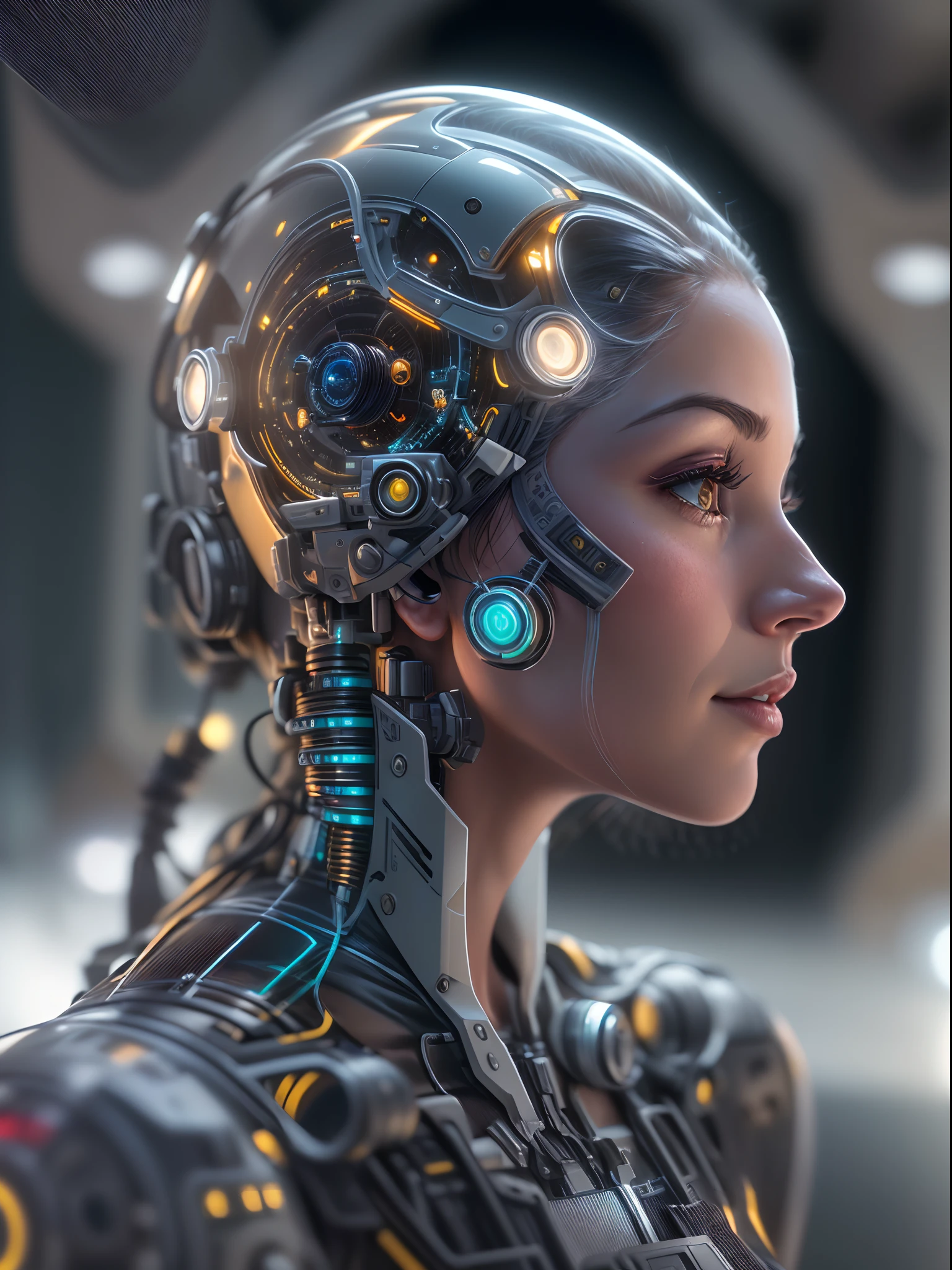 A close up of a woman with a futuristic head and a futuristic helmet