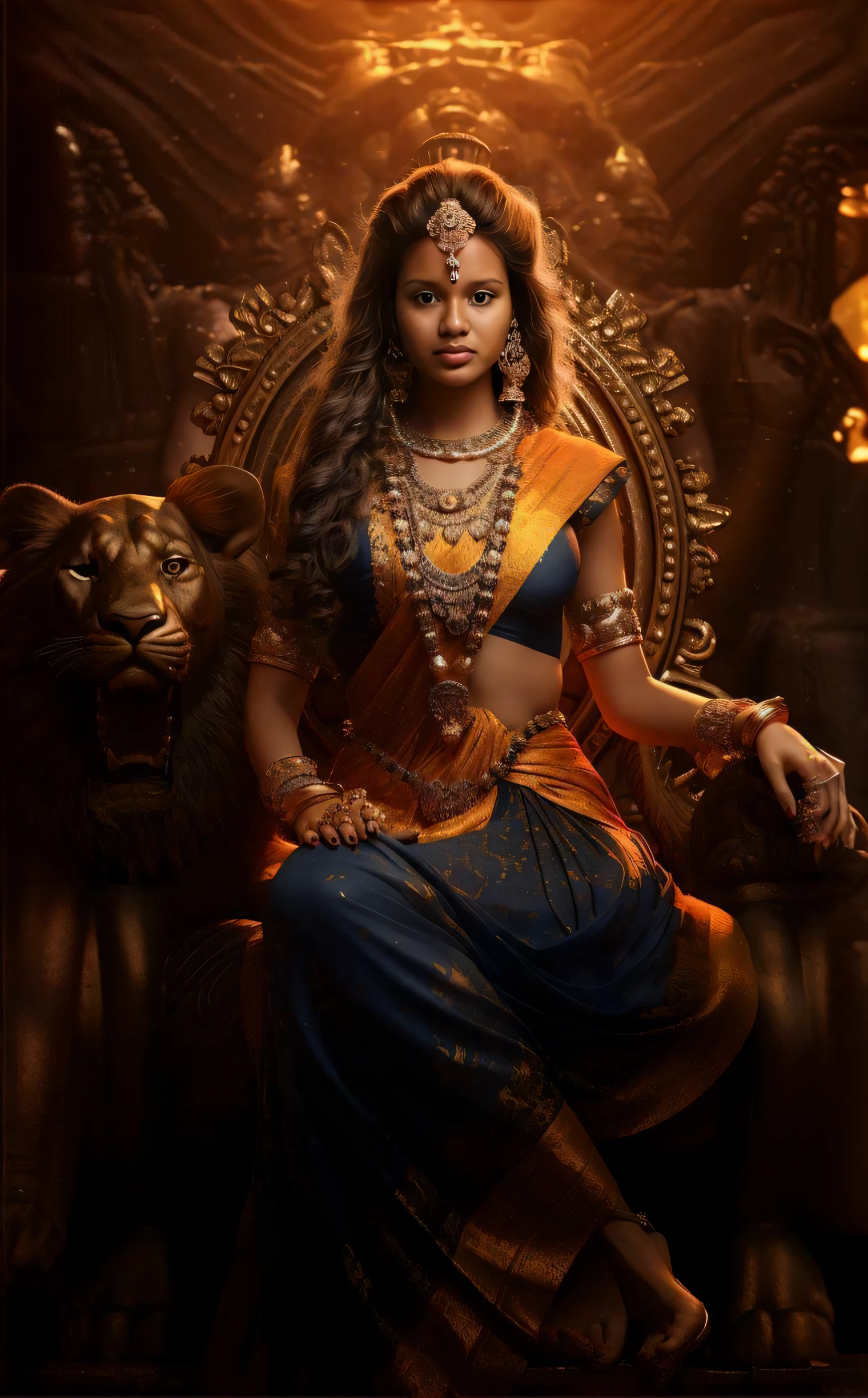 женщина, сидящая на троне, за спиной лев, кинематографическая богиня выстрела, великолепная богиня Льва, Кинематографическая богиня крупным планом, Кинематографический снимок тела богини, индийская богиня, царственная поза, рекламный кадр из фильма, Потрясающий портрет богини, красивая богиня, рекламный фильм еще, красивая женщина-воин, кадр из фантастического фильма, потрясающая женщина, прекрасная императрица фэнтези