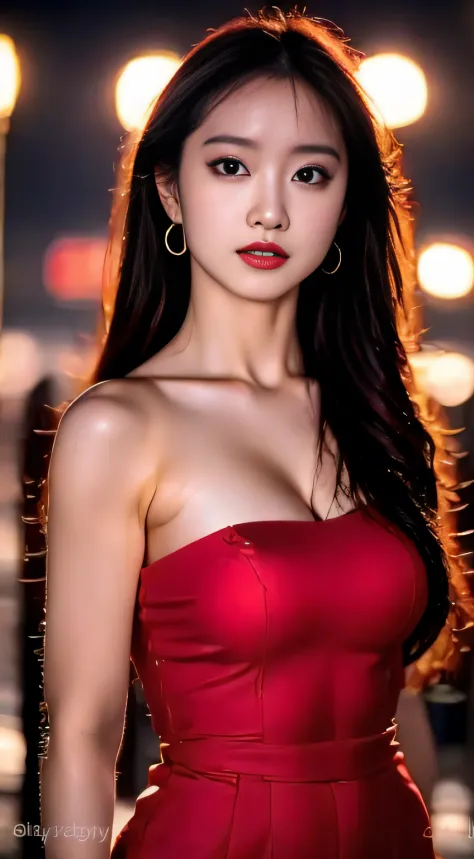 top-quality。８K-Picture。Ultra-high pixel。The background is the city at night。girl with。hair is long and slightly wavy,,,,,,,,,,,,,,,,,,,。The color is dark brown。Glamour style、((huge-breasted：1.6))。wearing red dress、Photos dancing brilliantly。Delicate finish...