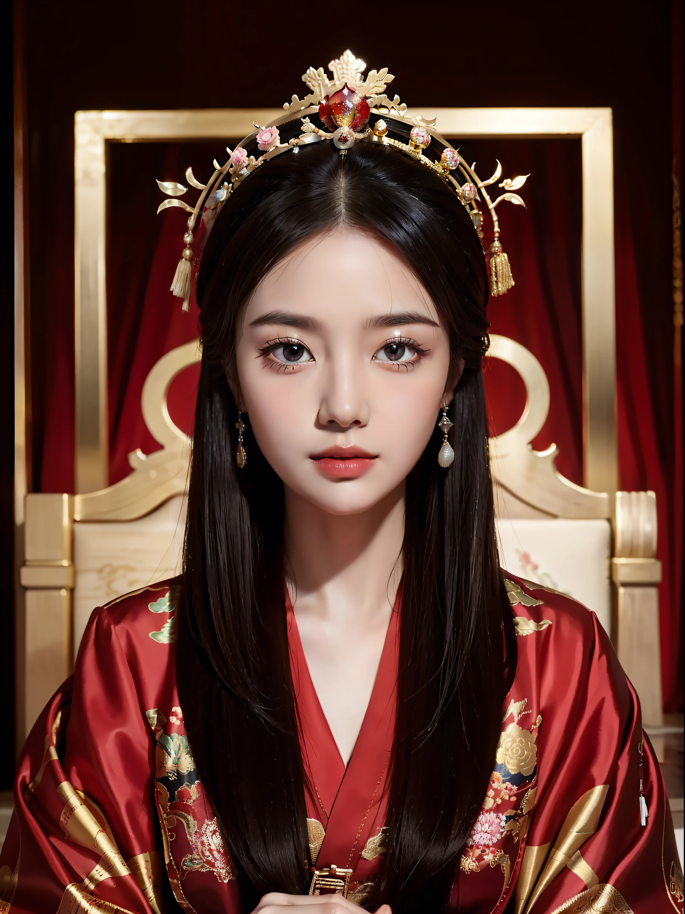 Top image quality,movie camera,Young and beautiful princess in the Chinese royal palace,Wearing a gorgeous red Chinese kimono,Ancient Chinese gorgeous hair ornament on head,Red Ancient Chinese Elegant Shoes,Live in China's ancient royal palaces,Sitting in the Queen's Chair,elegant look,Looking down at the camera with cold eyes.,Full body portrait,Stylish art,low angles,Detailed face,