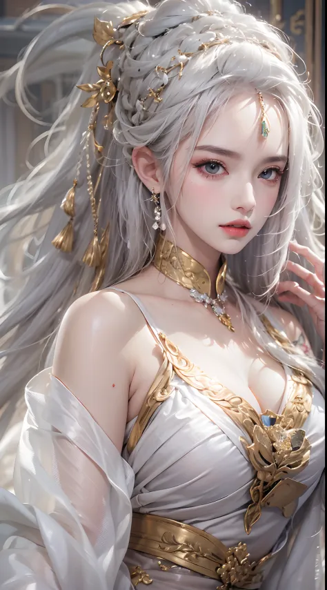 Photorealistic, high resolution, 1 woman, Hips up, Beautiful eyes, Long hair, ringed eyes, jewelry, tattoo, goldendragon hairstyle, outfit-goldendragon, white hair, china dress,cleavage