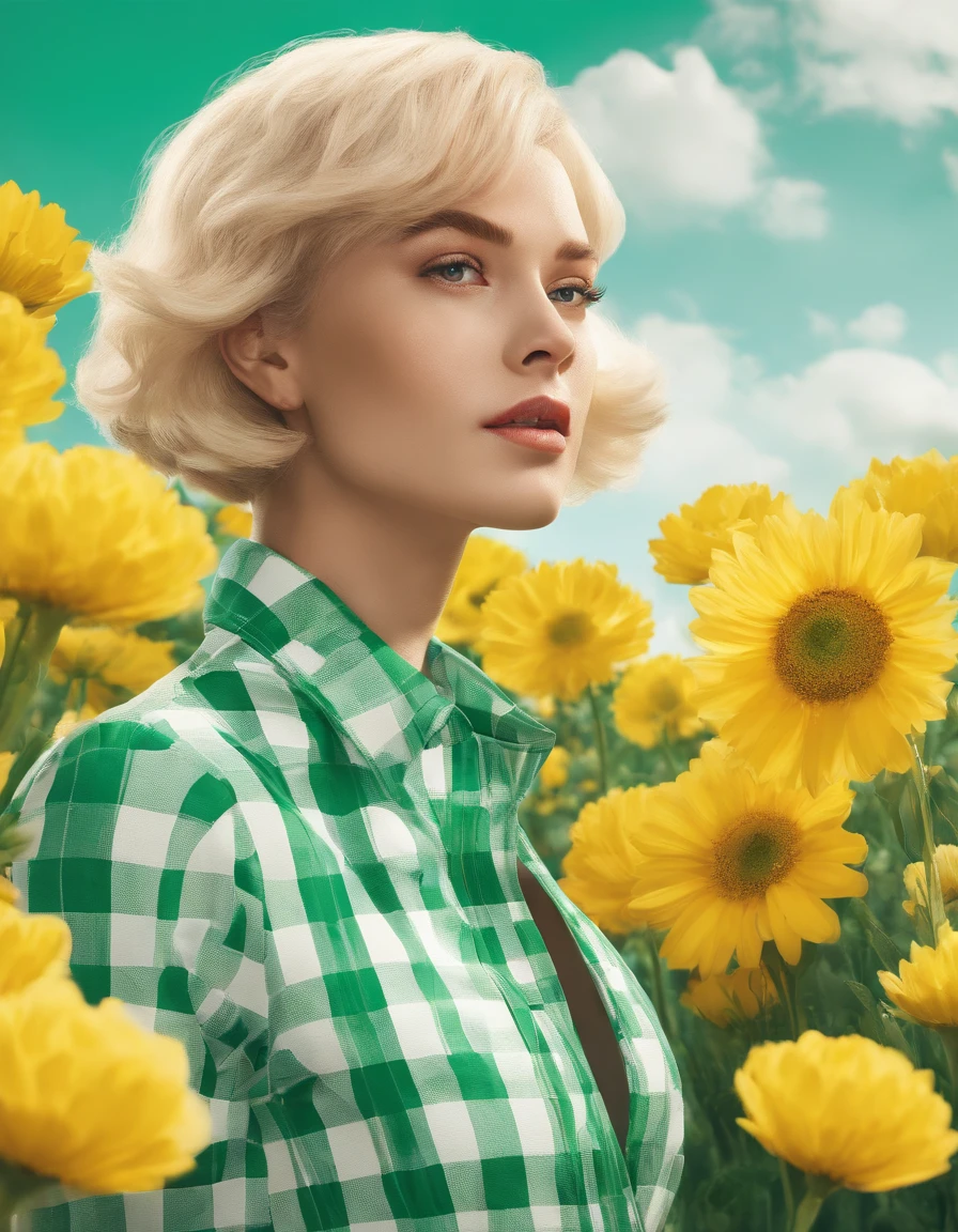 short hair blonde woman wearing white and green retro checkered clothes, yellow flowers on clear sky background, low angle shot, medium shot, high quality photo.