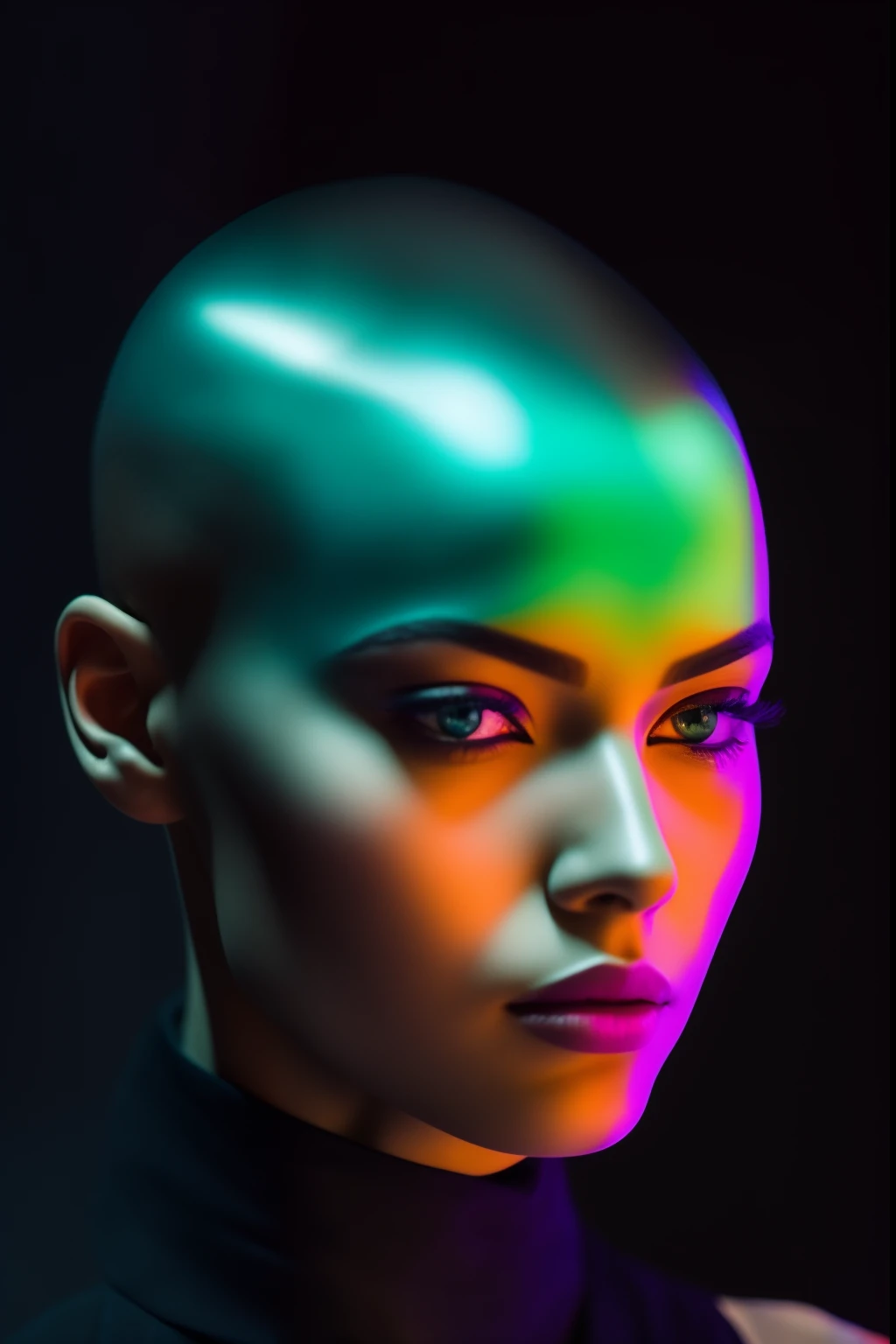 35mm, Neon, analog photo, dinamic lighting, chiaroscuro, hyper realisitc, luminism, HD, very detail. Colorful gradients. Gradient glow. Orange-violet-green lights. A woman's skin is multicolored in a beautiful glow. Gradients on the face. Gradient lights on the skin. easy flowering,,. Black background. haze. Unearthly beauty. Unearthly beautiful bald Sámi woman in a bodysuit with a tiger skin pattern. Very small black coat. bald. Bald woman. pale blue skin. long neck. Slim hose. Wide-set eyes. Half-turn. darkness. mood. haze. Model. Avant-garde make-up. tilt of head. eye to eye contact. blue eyes. Beautiful glow. Very small black coat. Slim. Lots of places. Very detailed face. (high skin detail:1.2). Film grain. an album cover. magazine cover.