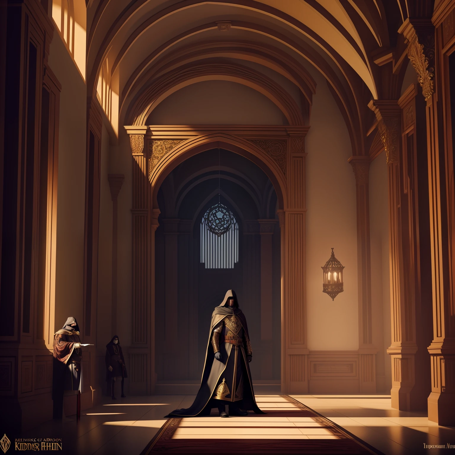 戴着兜帽的国王顾问就在一个漂亮大厅的阴影里, 概念艺术 戏剧风格