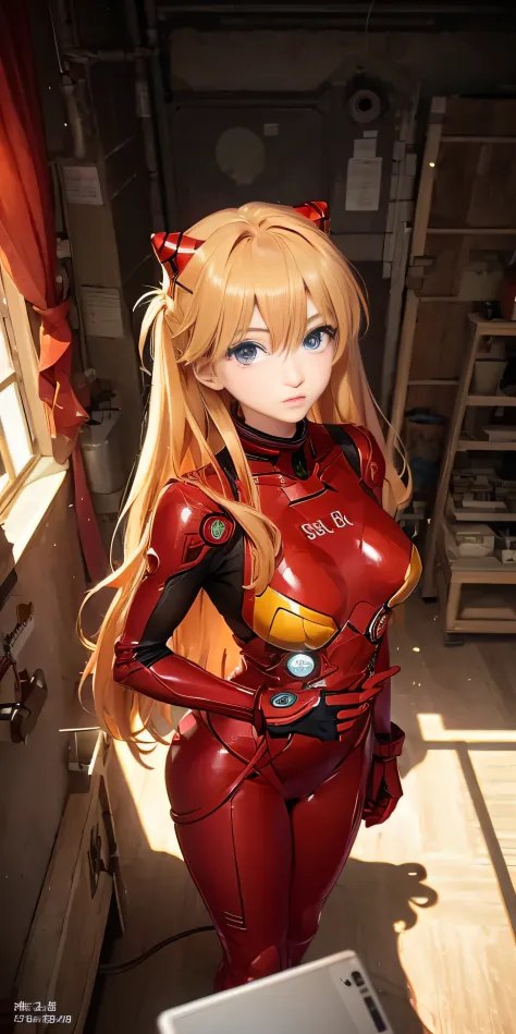 Anime Girl in red suit standing in room with laptop, full body zenkai! asuka suit, asuka suit under clothes!, asuka langley sohr...