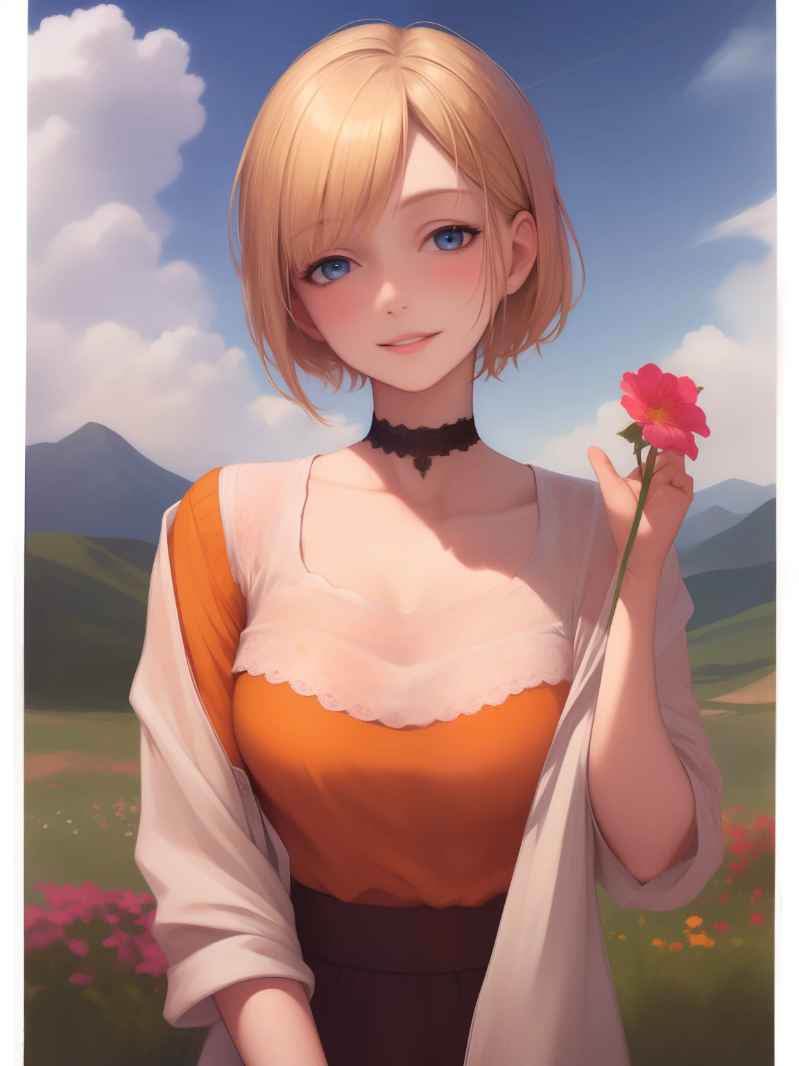 (realistic,painting_style,)mature, 1girl, solo, amelia watson, virtual youtuber,blonde hair, blue eyes, choker, flower, short hair, realistic eyes, head tilt, smug, looking_at_viewer, sky, mountain, outdoors, cloud, bangs, upper body, pink flower, collarbone, orange shirt, parted lips, lips, lace trim, smile, black choker, mountainous horizon, cloudy sky, standing, holding_flowers