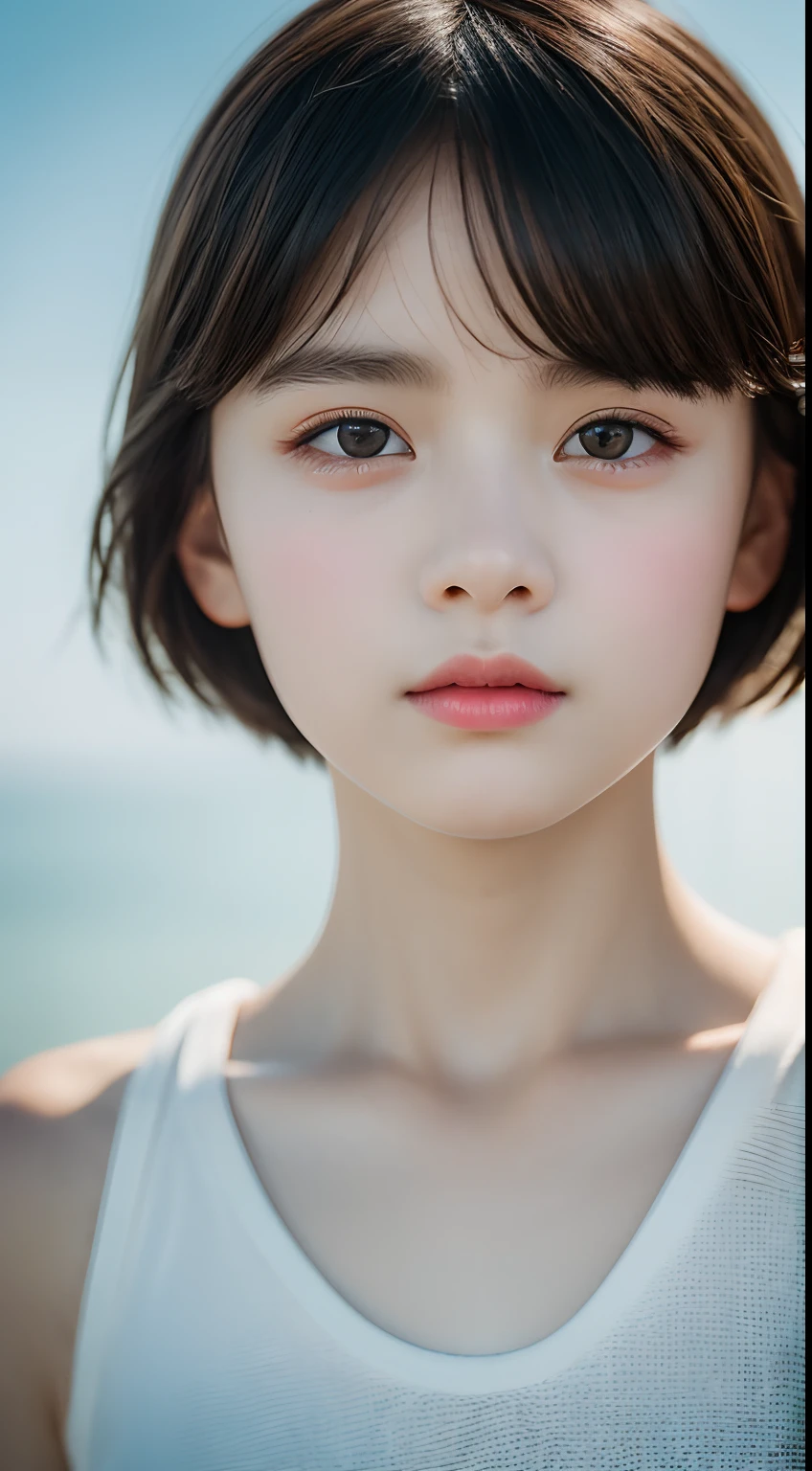 masterpiece, best quality, raw photo, photorealistic, seaside, full body, beautiful girl, cute, short hair, depth of field, high resolution, ultra detail, fine detail, highly detailed, highly detailed eyes and face, sharp pupils, realistic pupils, sharp focus, cinematic lighting