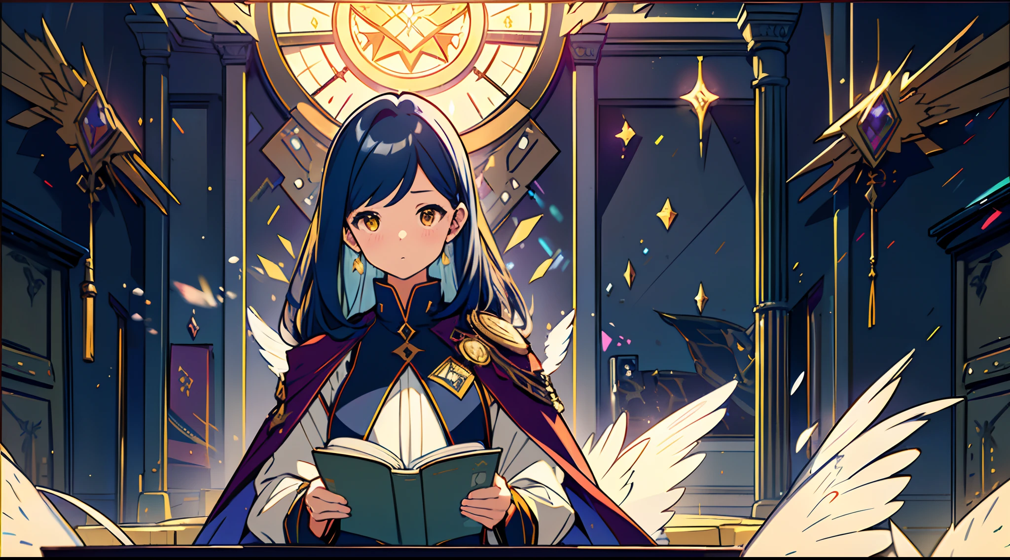 1 mature girl with long blue hair and yellow eyes, 1 mature girl with twin tie purple hair with red eyes , sitting alone in the classroom with a purple twin hair girl, high detail mature face, long blue hair, one side tie hair, golden eyes, white priest magical armor uniform, yellow cloak, high res, ultra sharp, 8k, masterpiece, Sharp eyes, western magical school,  reading a bible, ((Best quality)), ((masterpiece)), 3D, HDR (High Dynamic Range),Ray Tracing, NVIDIA RTX, Super-Resolution, Unreal 5,Subsurface scattering, PBR Texturing, Post-processing, Anisotropic Filtering, Depth-of-field, Maximum clarity and sharpness, Multi-layered textures, Albedo and Specular maps, Surface shading, Accurate simulation of light-material interaction, Perfect proportions, Octane Render, Two-tone lighting, Wide aperture, Low ISO, White balance, Rule of thirds,8K RAW, Aura, masterpiece, best quality, Mysterious expression, magical effects like sparkles or energy, flowing robes or enchanting attire, mechanic creatures or mystical background, rim lighting, side lighting, cinematic light, ultra high res, 8k uhd, film grain, best shadow, delicate, RAW, light particles, detailed skin texture, detailed cloth texture, beautiful face, fighting stance