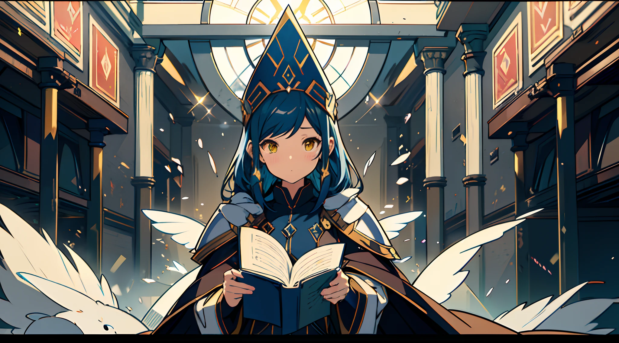 1 mature girl with long blue hair and yellow eyes, sitting alone in the classroom, high detail mature face, long blue hair, one side tie hair, golden eyes, white priest magical armor uniform, yellow cloak, high res, ultra sharp, 8k, masterpiece, Sharp eyes, western magical school,  reading a bible, ((Best quality)), ((masterpiece)), 3D, HDR (High Dynamic Range),Ray Tracing, NVIDIA RTX, Super-Resolution, Unreal 5,Subsurface scattering, PBR Texturing, Post-processing, Anisotropic Filtering, Depth-of-field, Maximum clarity and sharpness, Multi-layered textures, Albedo and Specular maps, Surface shading, Accurate simulation of light-material interaction, Perfect proportions, Octane Render, Two-tone lighting, Wide aperture, Low ISO, White balance, Rule of thirds,8K RAW, Aura, masterpiece, best quality, Mysterious expression, magical effects like sparkles or energy, flowing robes or enchanting attire, mechanic creatures or mystical background, rim lighting, side lighting, cinematic light, ultra high res, 8k uhd, film grain, best shadow, delicate, RAW, light particles, detailed skin texture, detailed cloth texture, beautiful face, fighting stance