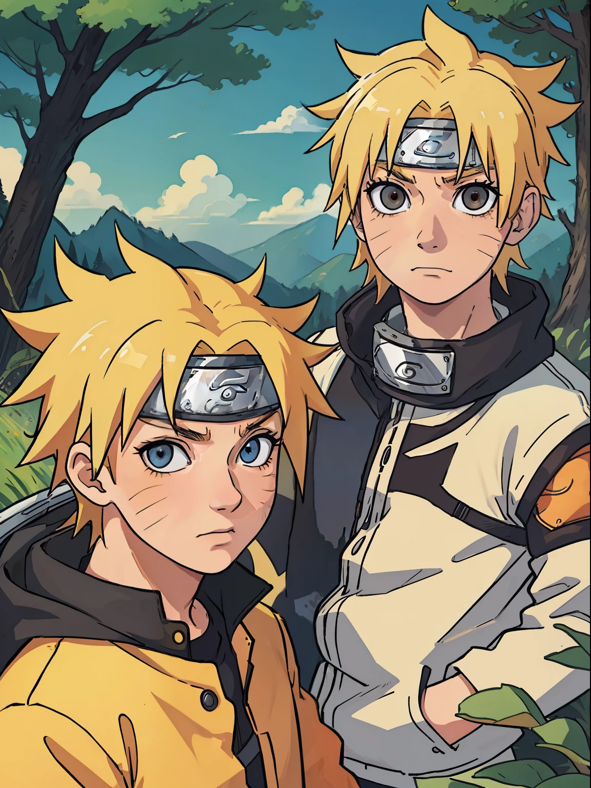 Two anime characters with yellow hair and blue eyes - SeaArt AI