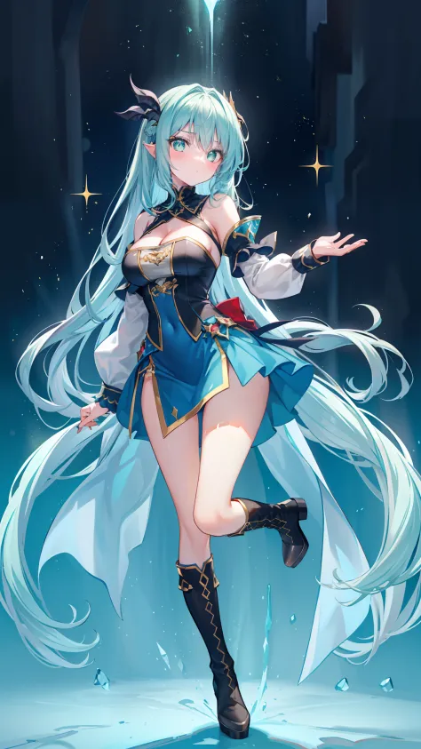 (4K Full HD)(HDR+)standing on your feet，full bodyesbian(1girll)has cleavage(The long)blue hairs，(Sparkling light green eyes)Tall figure, royal sister, diagonal side slit black midi skirt, red bandeau long-sleeved top, gray calf socks, red high-heeled boots