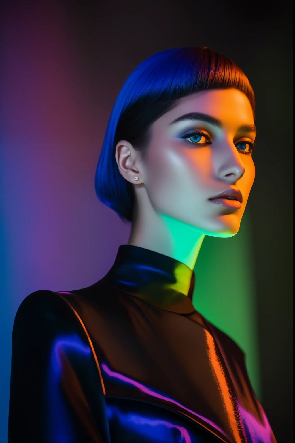 35mm, Neon, analog photo, dinamic lighting, chiaroscuro, hyper realisitc, luminism, HD, very detail. Colorful gradients. Gradient glow. Avant-garde make-up. Orange-violet-green lights. A woman's skin is multicolored in a beautiful glow. Gradients on the face. Gradient lights on the skin. easy flowering,. Black background. haze. Unearthly beauty. Unearthly beautiful Swedish young woman in a bodysuit with a tiger skin pattern. Tiger fur on fabric. Very small black coat. extremely short hair. pale blue skin. long neck. Slim hose. Wide-set eyes. Half-turn. darkness. mood. haze. Model. Avant-garde make-up. tilt of head. eye to eye contact. blue eyes. Beautiful glow. Very small black coat. Slim. Many places. Very detailed face. (high skin detail:1.2). Film grain. an album cover. magazine cover.