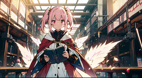 anime girl with pink hair holding a book in her hands, light pink bob hair style with twintail and red eyes, blue cloak, School ...