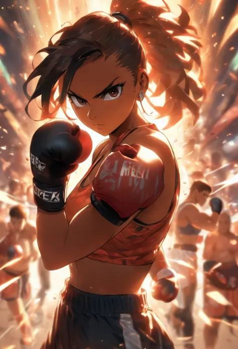 Mature female boxer、Ponytail with black hair、Brown-skinned