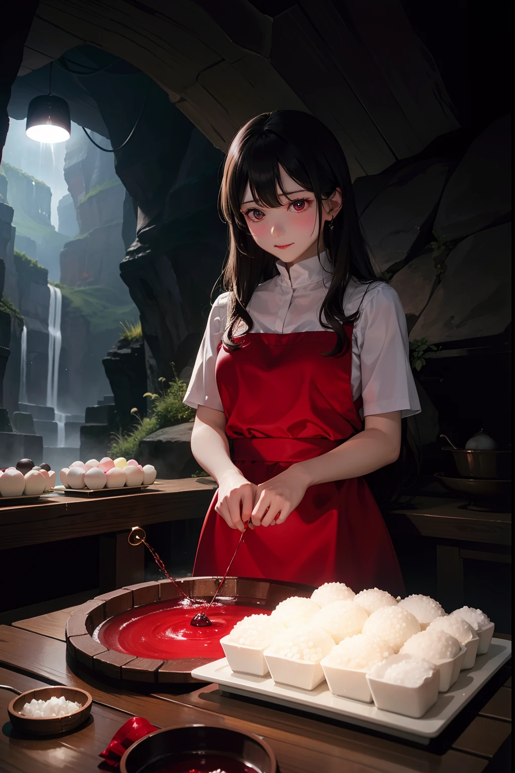 Anime girl in red apron preparing food in a kitchen with waterfall in  background - SeaArt AI