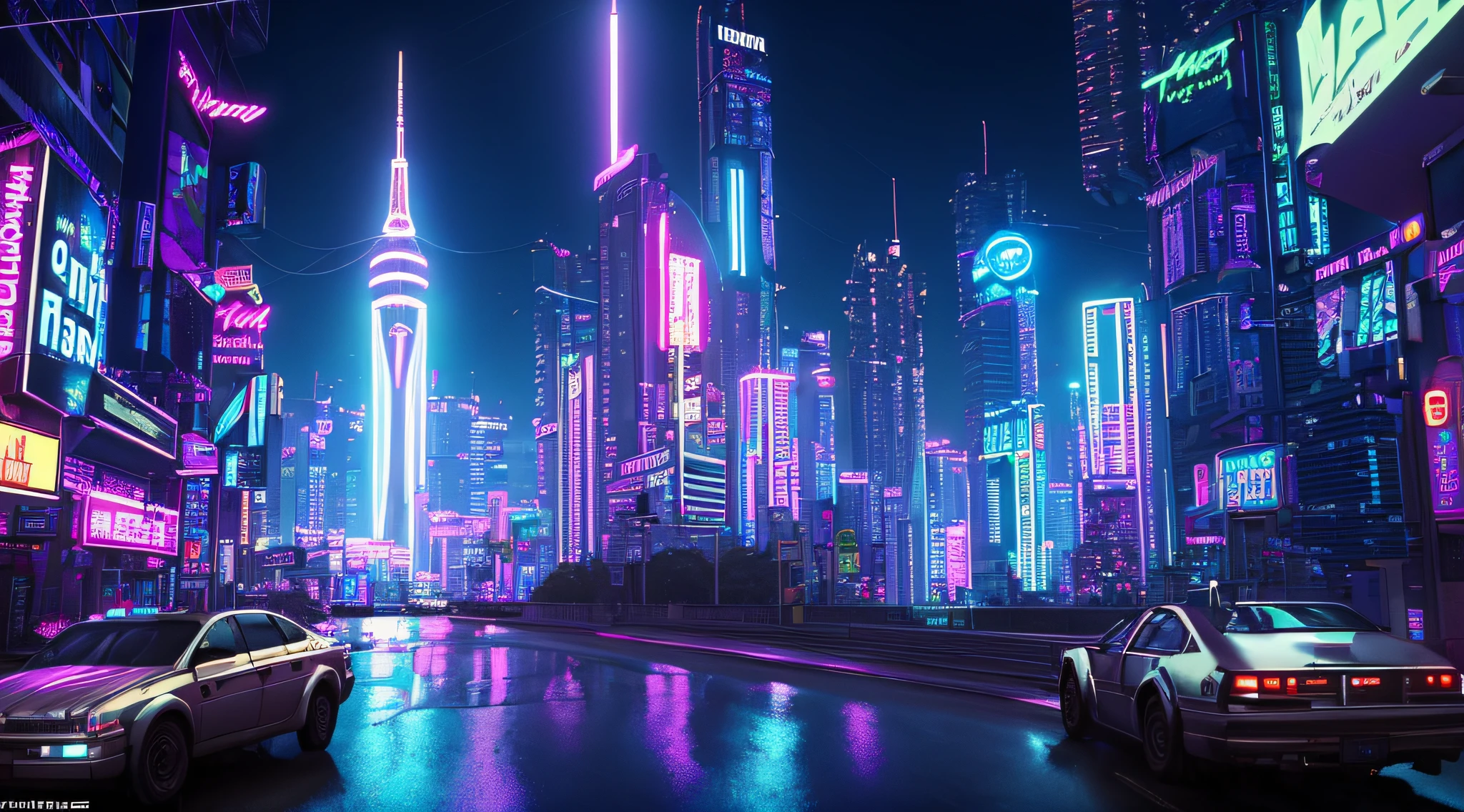 Dark cyberpunk city, skyscraper, neon lights, Advertising, evening, hyper-realistic, Photo, Highly detailed, Crystal City, rainy, realism, Moody cinematics,  8k, 3.5 mm, SUCH, futuristic, octane rendering, Japanese, synthwave, urban landscape, dramatic, wide angle, Science-Fiction, traffic, ultra realistic,  bright lights