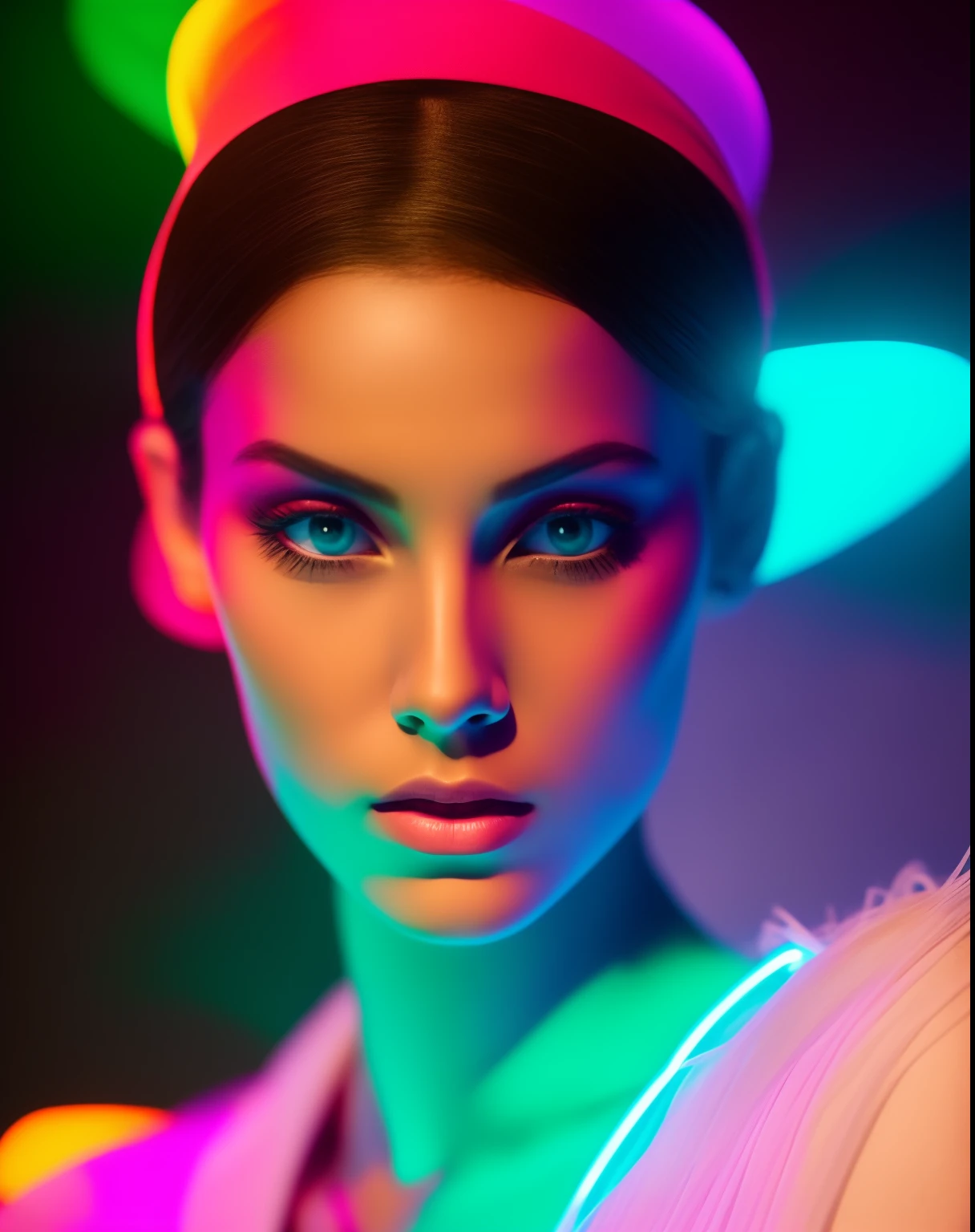 35mm, Neon, analog photo, dinamic lighting, chiaroscuro, hyper realisitc, luminism, HD, very detail. Colorful gradients. Gradient glow. Avant-garde make-up. Orange-violet-green lights. A woman's skin is multicolored in a beautiful glow. Gradients on the face. Gradient lights on the skin. easy flowering,. Black background. darkness. Halo. haze. Woman in bodysuit with tiger skin pattern. Awkward look. Tiger fur on fabric. Very small black hat. extremely short hair. pale blue skin. long neck. Slim hose. Wide-set eyes. Half-turn. darkness. mood. haze. Model. Avant-garde make-up. tilt of head. eye to eye contact. blue eyes. Beautiful glow. Very small black coat. Slim. Many places. Very detailed face. (high skin detail:1.2). Film grain. an album cover. magazine cover.