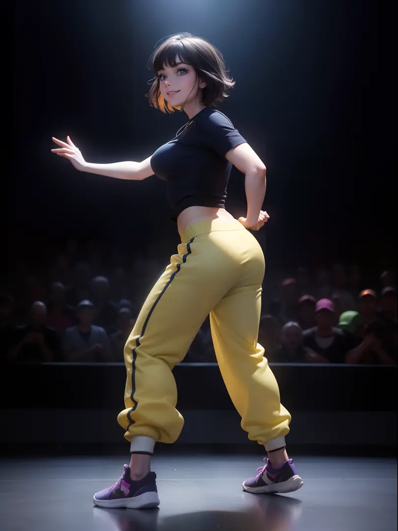 Woman dancing crouching , ((Full body)), Blue eyes, Smiling face, Hair loss swaying in the wind,, dancing street dance on the stage, Dressed in hip-hop style, Wearing hip-hop shirt and loose pants. Black purple and yellow. Extremely high quality, high deta...