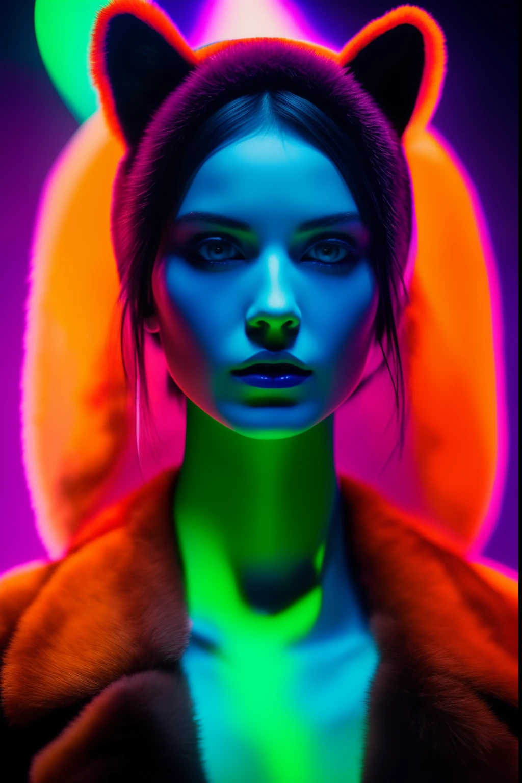35mm, Neon, analog photo, dinamic lighting, chiaroscuro, hyper realisitc, luminism, HD, very detail. Colorful gradients. Gradient glow. Avant-garde make-up. Orange-violet-green lights. A woman's skin is multicolored in a beautiful glow. Gradients on the face. Gradient lights on the skin. easy flowering,,. Black background. darkness. Halo. haze. White woman in bodysuit with tiger skin pattern. Awkward look. Tiger fur on fabric. Very small black hat. extremely short hair. pale blue skin. long neck. Slim hose. Wide-set eyes. Half-turn. darkness. mood. haze. Model. Avant-garde make-up. tilt of head. eye to eye contact. blue eyes. Beautiful glow. Very small black coat. Slim. Lots of places. Very detailed face. (high skin detail:1.2). Film grain. an album cover. magazine cover.