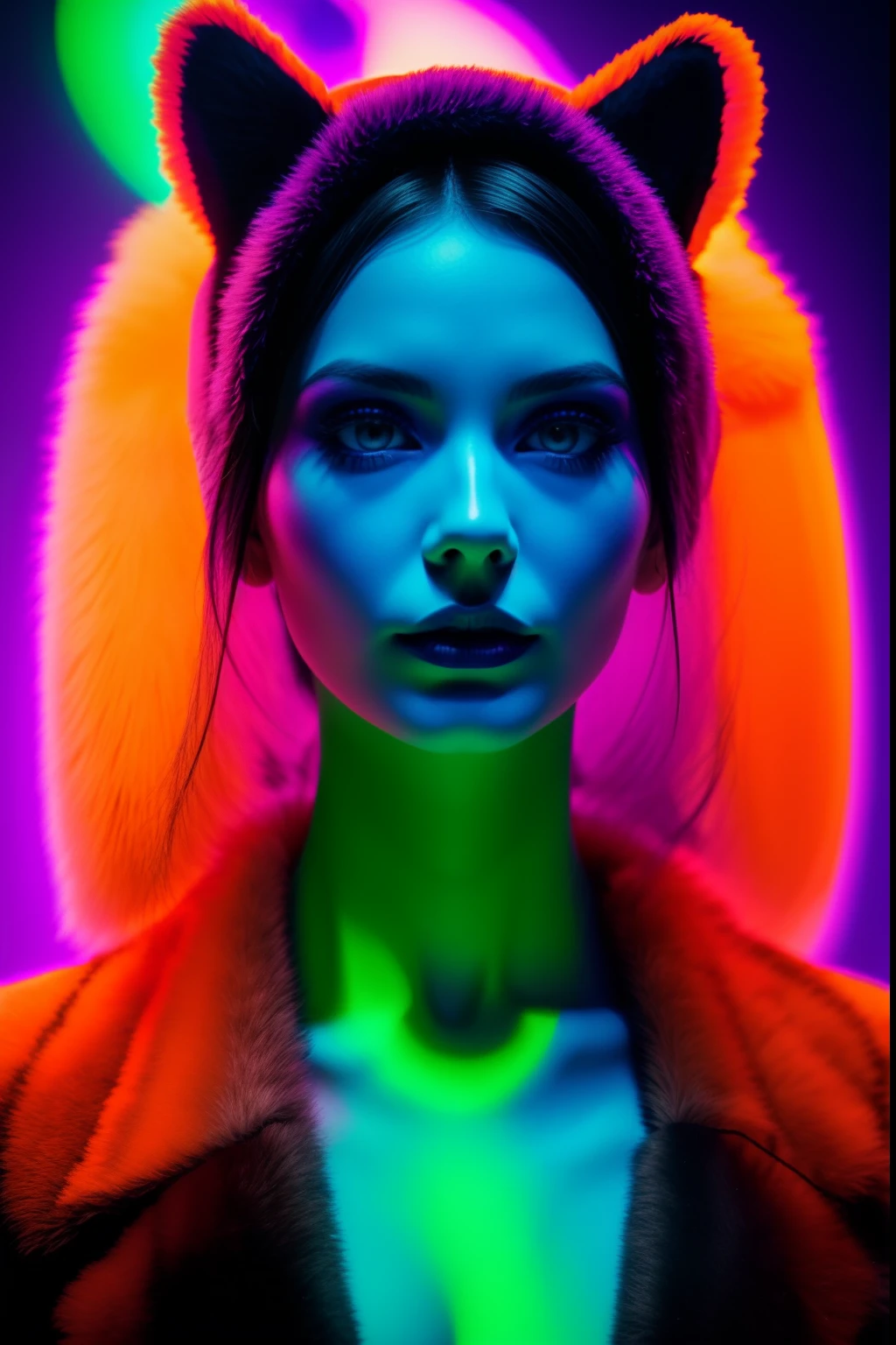 35mm, Neon, analog photo, dinamic lighting, chiaroscuro, hyper realisitc, luminism, HD, very detail. Colorful gradients. Gradient glow. Avant-garde make-up. Orange-violet-green lights. A woman's skin is multicolored in a beautiful glow. Gradients on the face. Gradient lights on the skin. easy flowering,. Black background. darkness. Halo. haze. White woman in bodysuit with tiger skin pattern. Awkward look. Tiger fur on fabric. Very small black hat. extremely short hair. pale blue skin. long neck. Slim hose. Wide-set eyes. Half-turn. darkness. mood. haze. Model. Avant-garde make-up. tilt of head. eye to eye contact. blue eyes. Beautiful glow. Very small black coat. Slim. Many places. Very detailed face. (high skin detail:1.2). Film grain. an album cover. magazine cover.