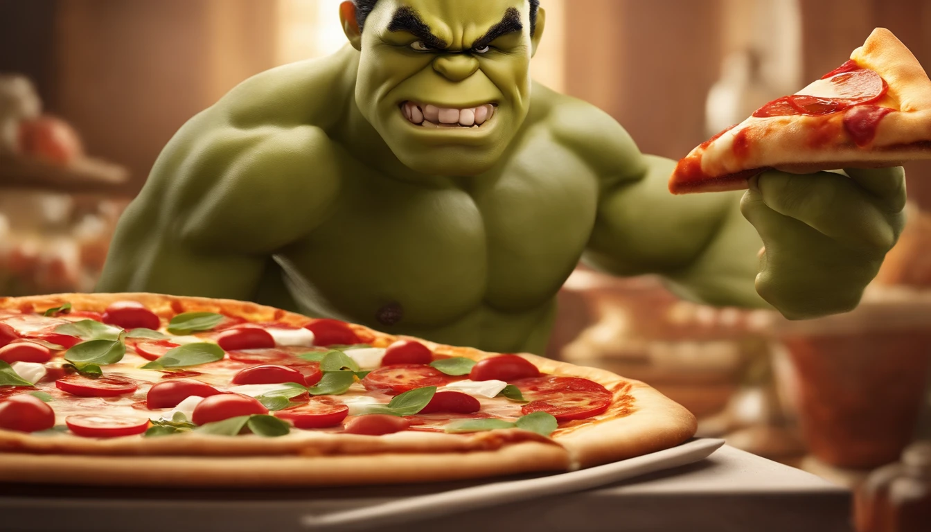 Pizza hulk com calabresa e manjericão por cima - SeaArt AI