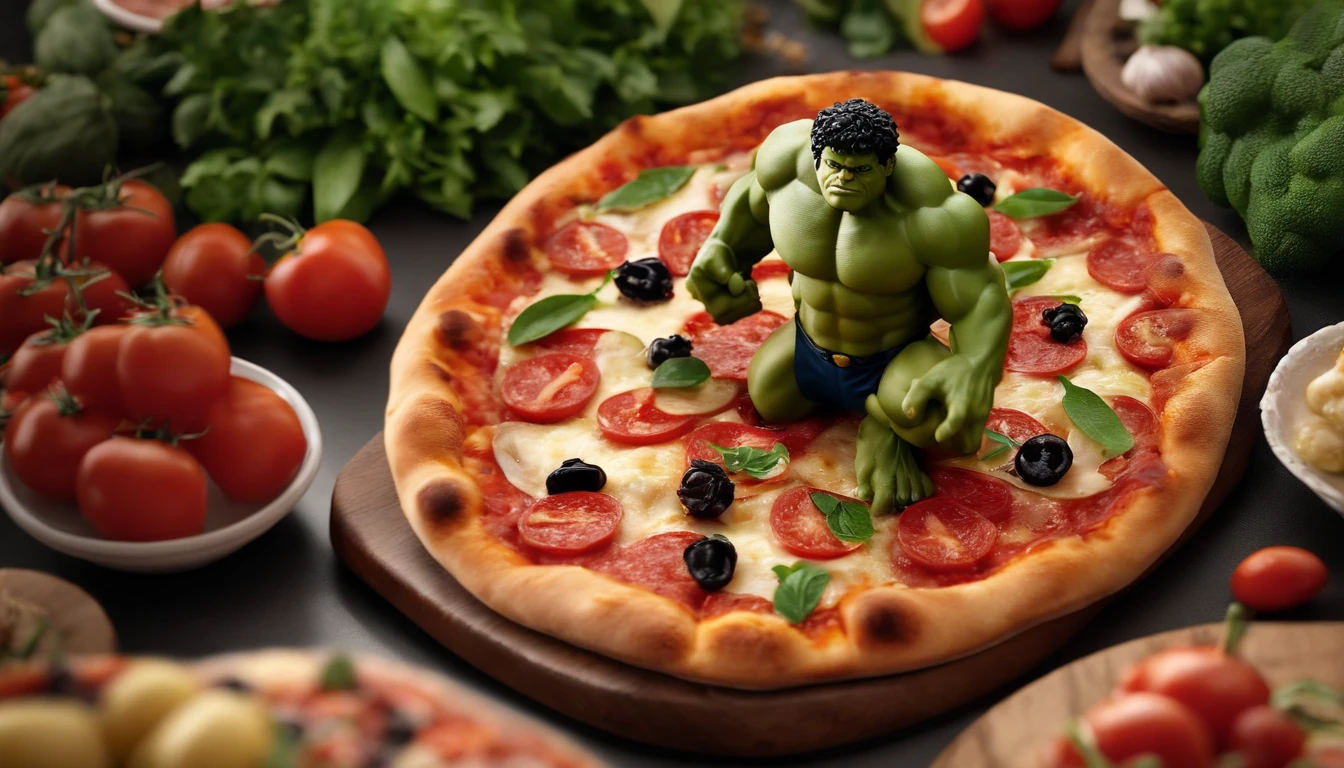 There is a pizza with a hulk on it surrounded by vegetables - SeaArt AI