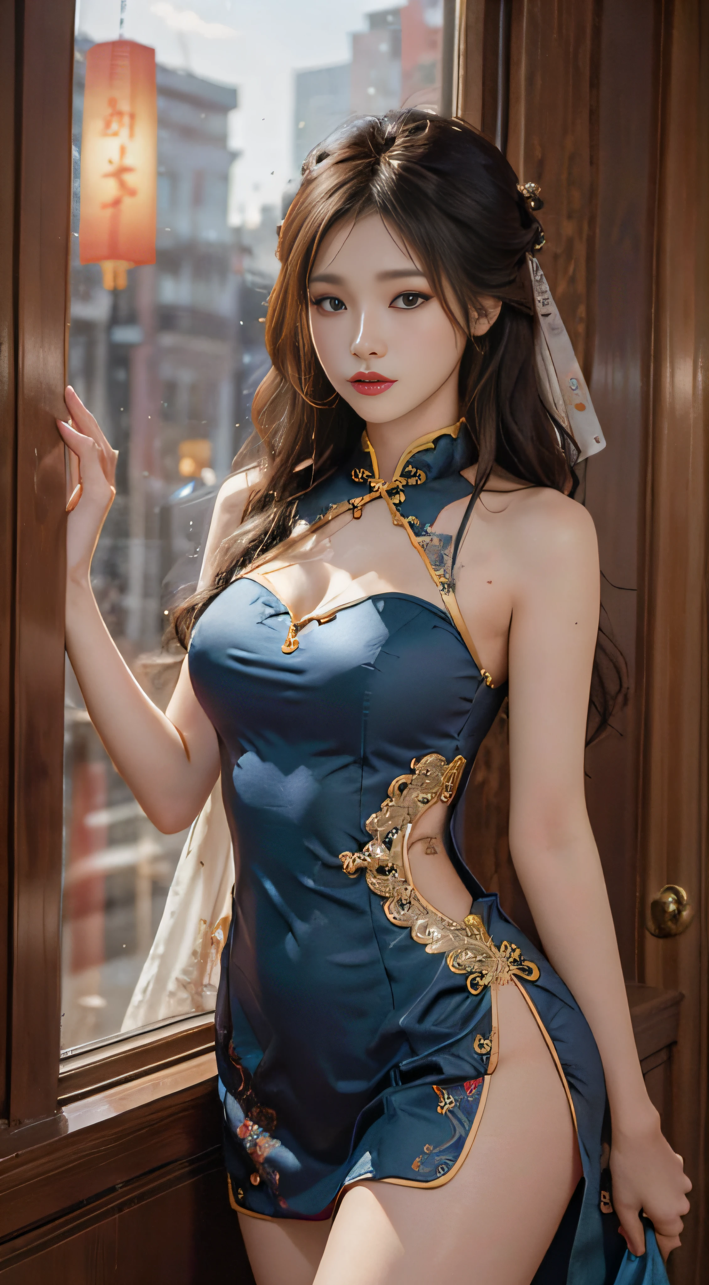 （From the outside） （shiny skins）， many color，Best quality at best，tmasterpiece，photograph of-realistic，Complicated details，RAW photogr，Court，Gorgeous cheongsam in many colors，Extra-long hair，cropped shoulders，delicated face，Expose cleavage，decorations，Stand by the window，on cheongsam，Lace，underdressing，decorations，Exposing thighs，close-up from the front，looking to the camera