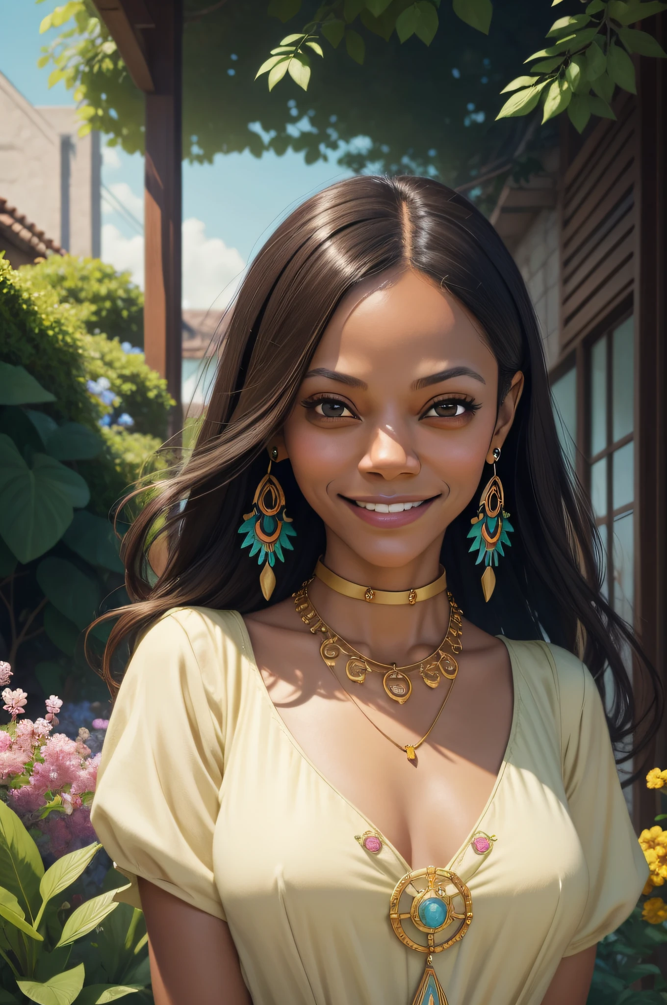 une illustration plate,Une fille,Mignon,Zoé Saldana,sourire fou,yeux marrons, porter un collier anime, un long collier et des boucles d&#39;oreilles, dans le style des jardins tranquilles, images fixes d&#39;animation colorées,espèces de