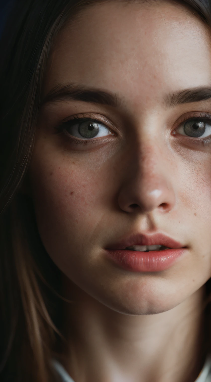 (close-up, editorial photograph of a 21 year old woman), (highly detailed face:1.4) (smile:0.7) (background inside dark, moody, private study:1.3) POV, by lee jeffries, nikon d850, film stock photograph ,4 kodak portra 400 ,camera f1.6 lens ,rich colors ,hyper realistic ,lifelike texture, dramatic lighting , cinestill 800,