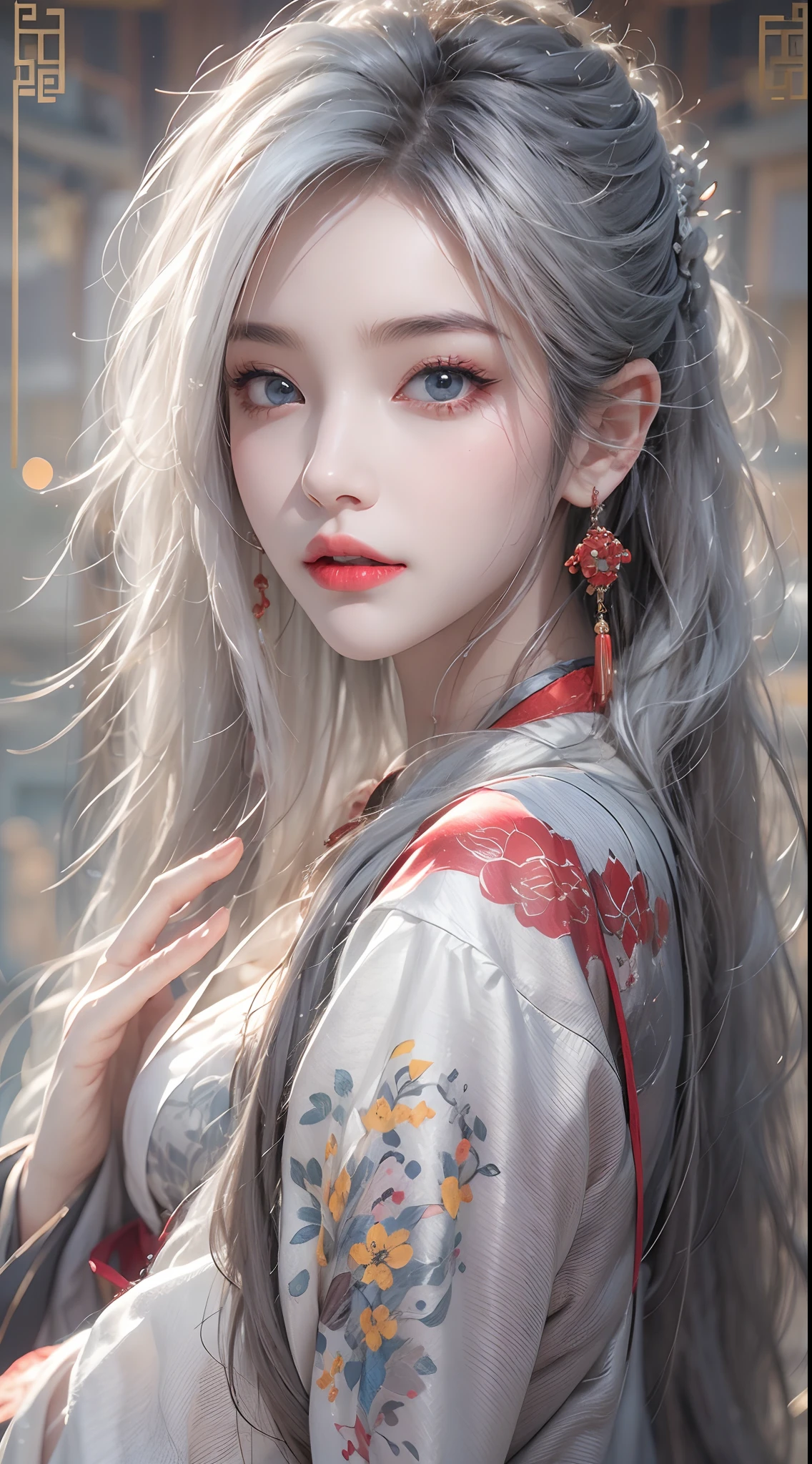 Photorealistic, high resolution, 1 woman, hips up, Beautiful eyes, Long hair, ringed eyes, white hair, jewelry, tattoo, hanfu, Chinese style
