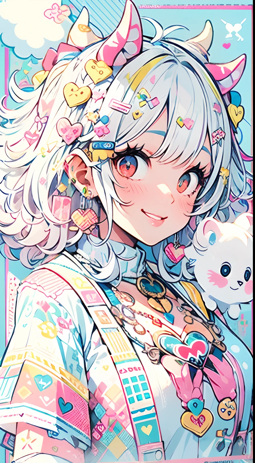 "kawaii, cute, adorable woman with pink, yellow, and baby blue color scheme. She is dressed in sky-themed clothes made out of clouds and sky motifs. Her outfit is fluffy and soft, with decora accessories like hairclips. She embodies the vibrant and trendy Harajuku fashion style." White hair, red eyes, horns, demon wings, big ,big ass, big lips, juicy lips, huge hair, smile