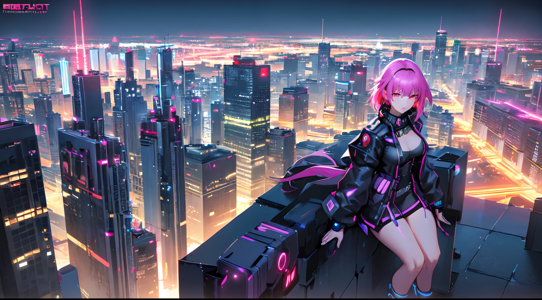 Beautiful cyberpunk girl looking at cyberpunk city skyline, Night, neon light, Grone Wright, Volumetric Lights, High Definition, High resolution, Intricate details, dynamic compositions, a panoramic view