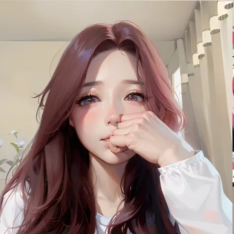 there is a woman with long hair and a white shirt, with round face, ulzzangs, with small nose, With long hair, bbwchan, Korean girl, Choi Hyun-hwa, With red hair, jaeyeon nam, round cheeks, coloured photo, young lovely Korean faces, 8K)), portrait of jossi...