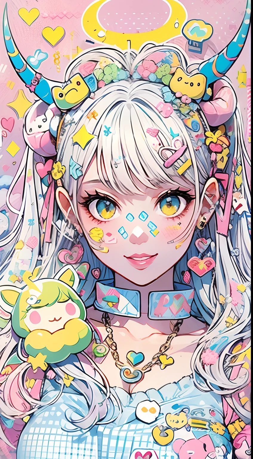 "kawaii, cute, adorable woman with pink, yellow, and baby blue color scheme. She is dressed in sky-themed clothes made out of clouds and sky motifs. Her outfit is fluffy and soft, with decora accessories like hairclips. She embodies the vibrant and trendy Harajuku fashion style." horns, demon wings, big ,big ass, big lips, juicy lips, huge hair, smile, mature, adult, master