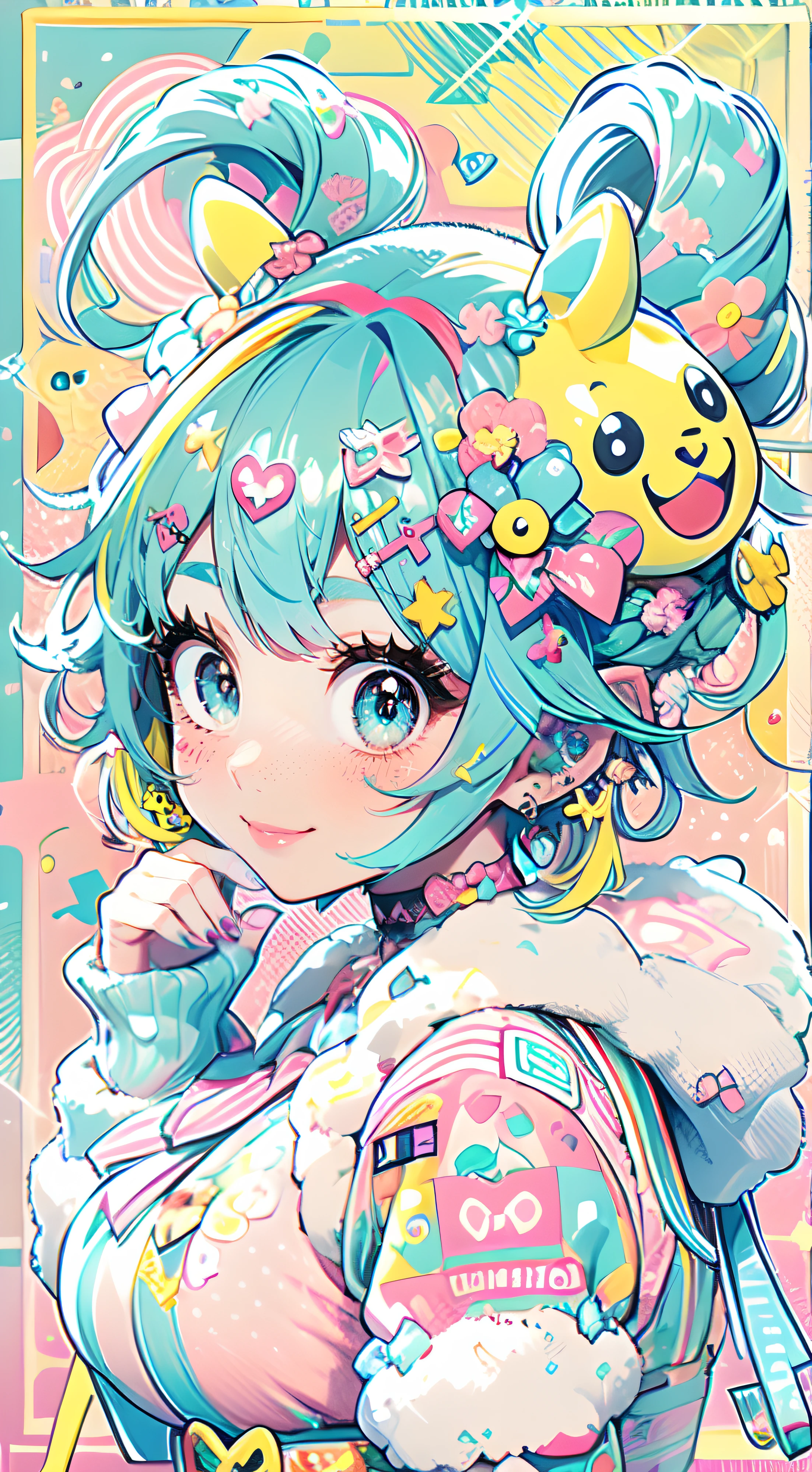 "kawaii, cute, adorable woman with pink, yellow, and baby blue color scheme. She is dressed in sky-themed clothes made out of clouds and sky motifs. Her outfit is fluffy and soft, with decora accessories like hairclips. She embodies the vibrant and trendy Harajuku fashion style." horns, demon wings, big ,big ass, big lips, juicy lips, huge hair, smile, short hair with buns