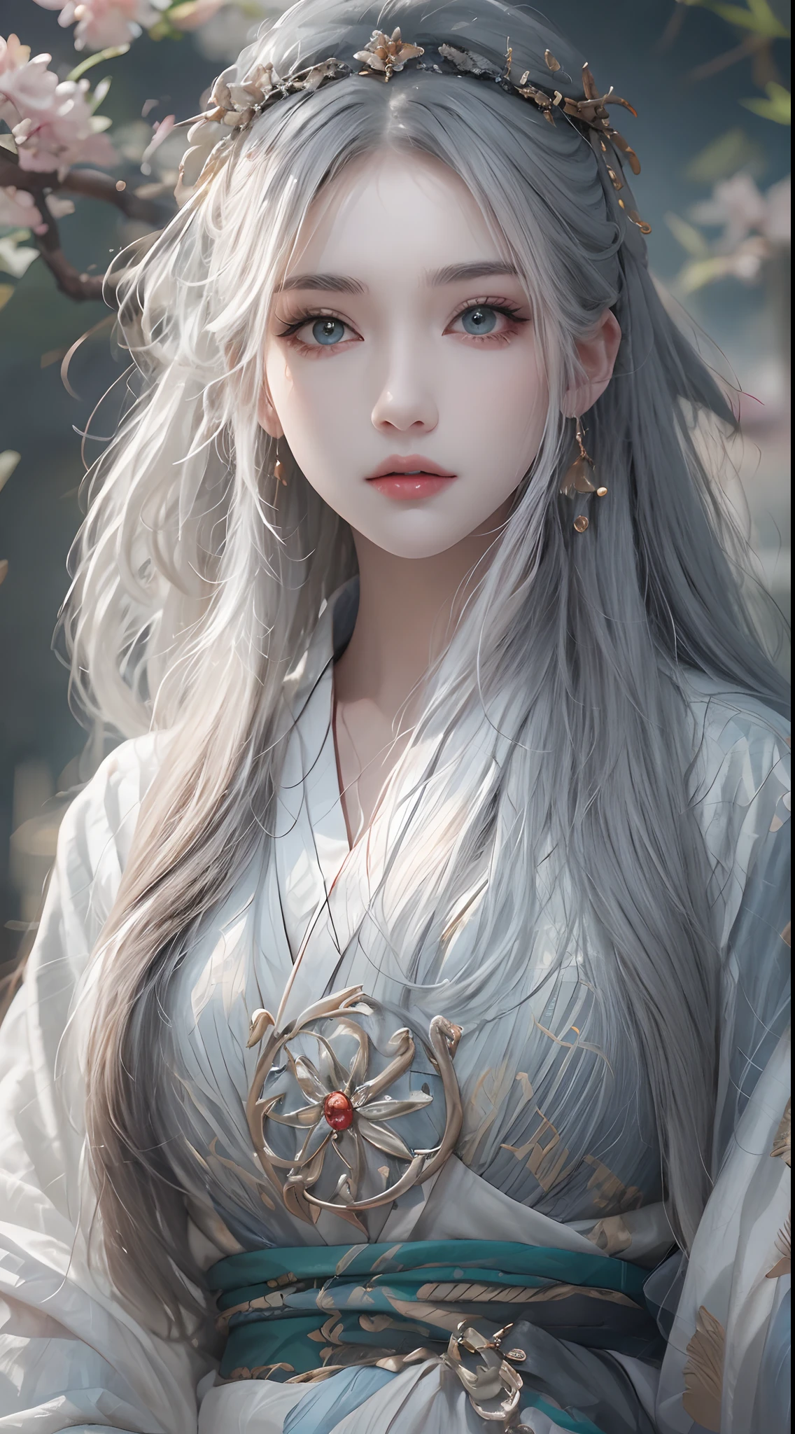 Photorealistic, high resolution, 1 woman, full body, Beautiful eyes, Long hair, ringed eyes, white hair, jewelry, tattoo, hanfu, Chinese fairy