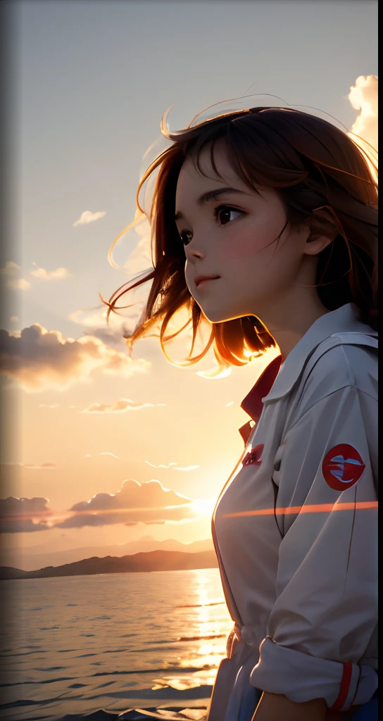 masterpiece, best quality, movie still, 1girl, cloud girl, floating in the sky, close-up, bright, happy, warm soft lighting, sunset, (sparks:0.7)