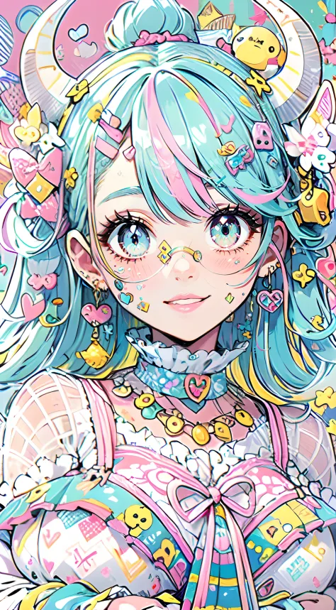 "kawaii, cute, adorable woman with pink, yellow, and baby blue color scheme. She is dressed in sky-themed clothes made out of cl...