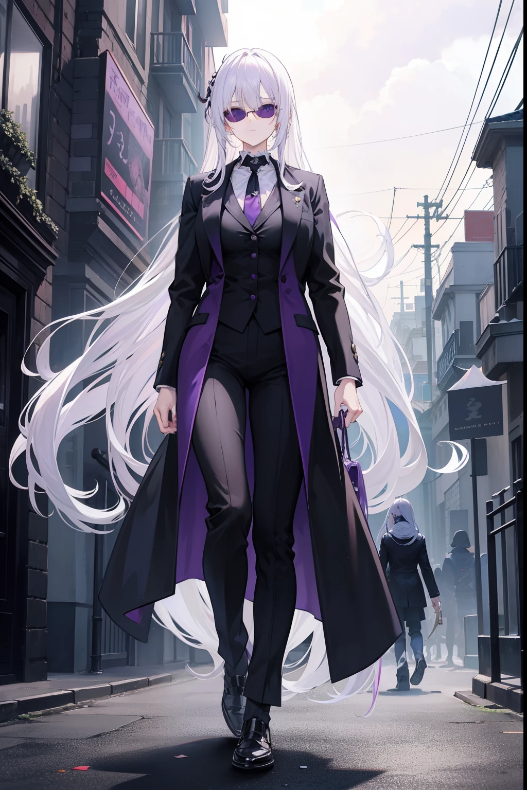 Anime girl in a black and purple outfit walking down a street - SeaArt AI