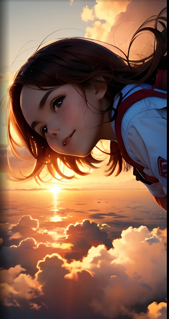 Obra de arte, melhor qualidade, filme ainda, 1 garota, garota da nuvem, flutuando no céu, fechar-se, brilhante, feliz, iluminação suave e quente, pôr do sol, (faíscas:0.7)