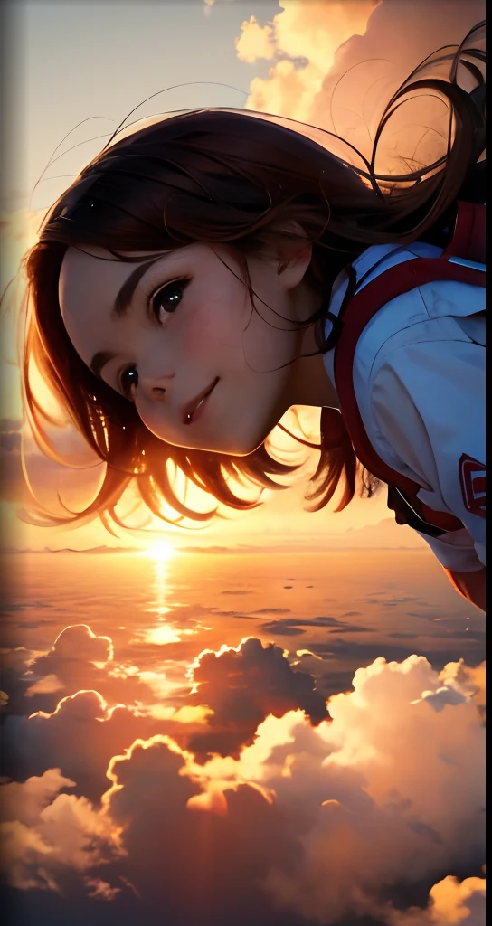 masterpiece, best quality, movie still, 1girl, cloud girl, floating in the sky, close-up, bright, happy, warm soft lighting, sunset, (sparks:0.7)