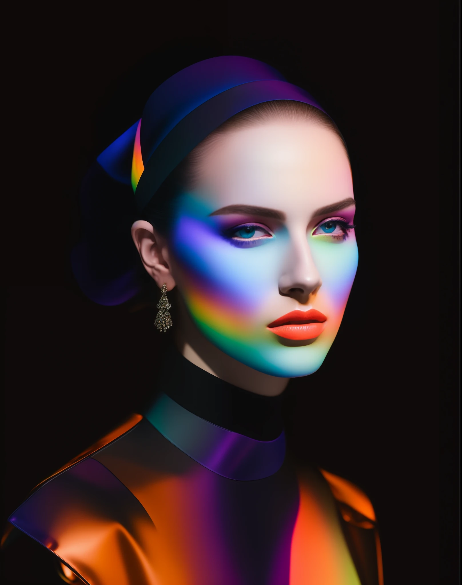 35mm, Neon, analog photo, dinamic lighting, chiaroscuro, hyper realisitc, luminism, HD, very detail. Colorful gradients. Gradient glow. Avant-garde make-up. Orange-violet-green lights. A woman's skin is multicolored in a beautiful glow. Gradients on the face. Gradient lights on the skin. easy flowering,,,. Black background. darkness. Halo. haze. White woman in bodysuit with tiger skin pattern. Awkward look. Tiger fur on fabric. Very small black hat. extremely short hair. pale blue skin. long neck. Slim hose. Wide-set eyes. Half-turn. darkness. mood. haze. Model. Avant-garde make-up. tilt of head. eye to eye contact. blue eyes. Beautiful glow. Very small black coat. Slim. Lots of places. Very detailed face. (high skin detail:1.2). Film grain. an album cover. magazine cover.
