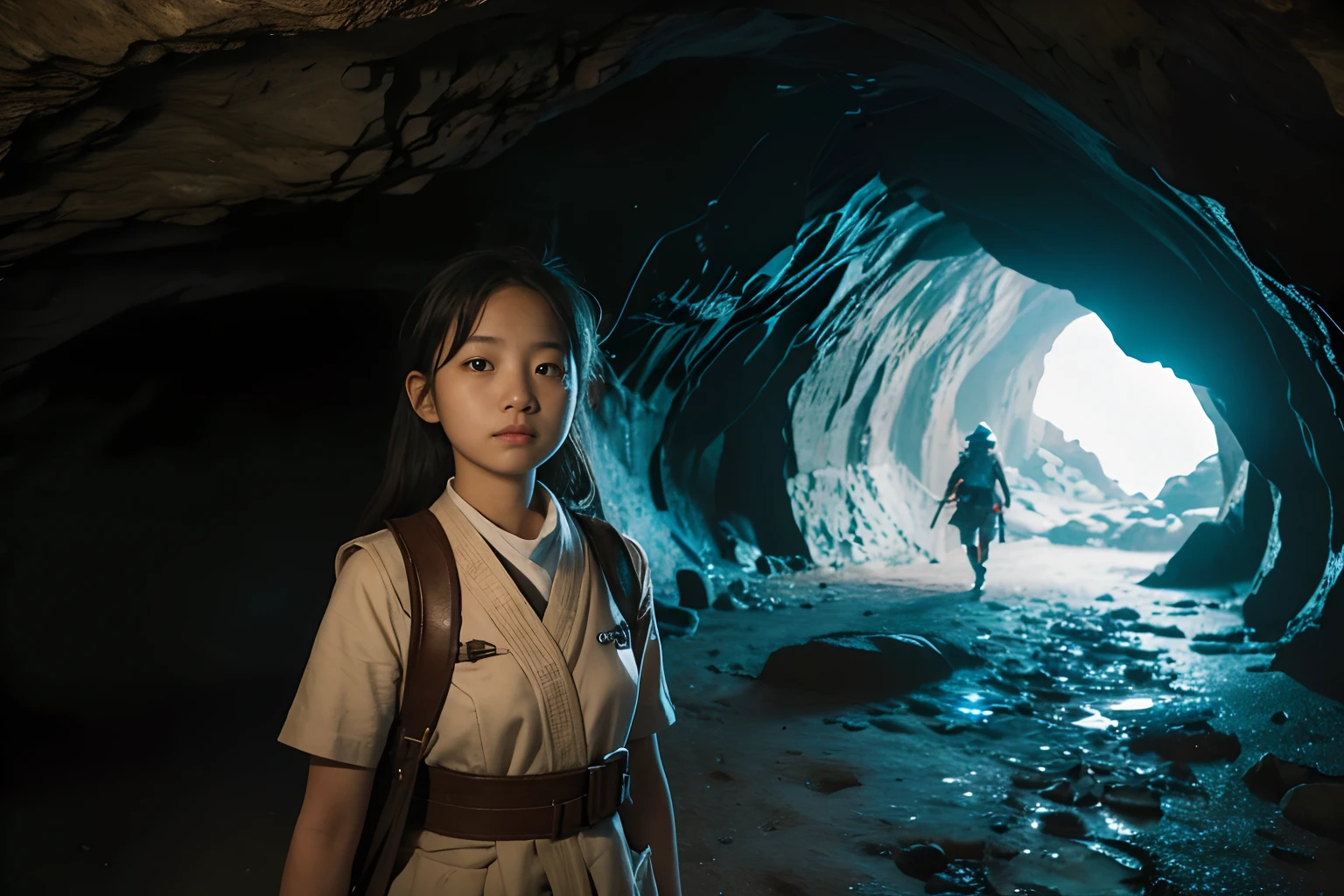 (13 year old girl in Japan, bangss,long, Small round face:1.2), (flat chest:1), Cinematic lighting, depth of fields,
(8K, Raw photography, top-quality, masuter piece:1.2), ultra res, (Realistic, photos realistic:1.37), Female explorer exploring cave.
break
She is interested in rumors of unknown creatures and valuable minerals in the cave. She relies on helmet-mounted lights, Map and compass to navigate the dark and damp caves.
break
Be impressed by the strange patterns carved into the cave walls and the beautiful sound of water droplets. She aims to reach a large space deep in the cave.