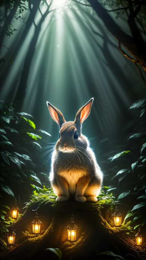 Close up photo of a rabbit in enchanted forest, late night, in the forest, backlight, fireflies, volumetric fog, halo, bloom, dramatic atmosphere, center, rule of thirds, 200mm 1.4f macro shot