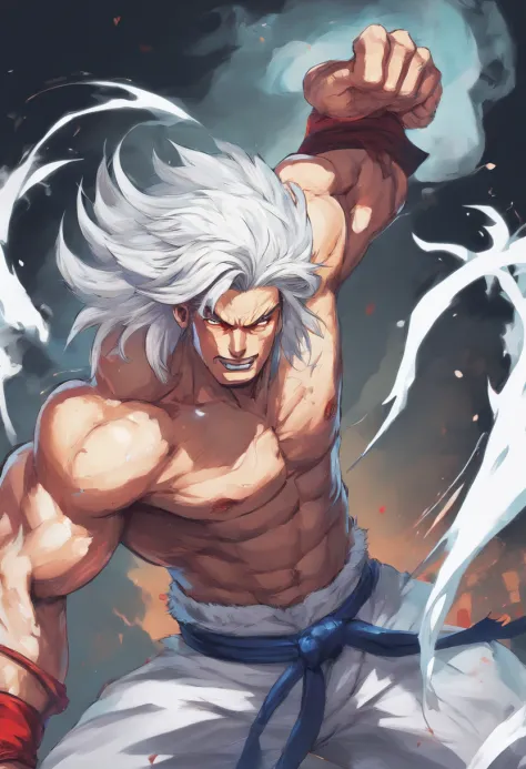 male with wolf ears and a wolf tail, long white hair with flowing long locks, has light beard, shirtless, wearing fingerless gloves, wearing worn jeans, is sweaty