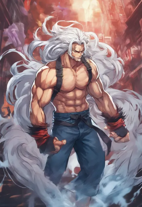 male with wolf ears and a wolf tail, long white hair with flowing long locks, has light beard, shirtless, wearing fingerless gloves, wearing worn jeans, is sweaty